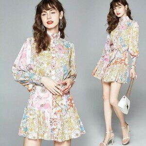 TDDPSSHDP A-Line Mini Dress Multi Floral Sheer Oversized Pullover Tunic Preppy